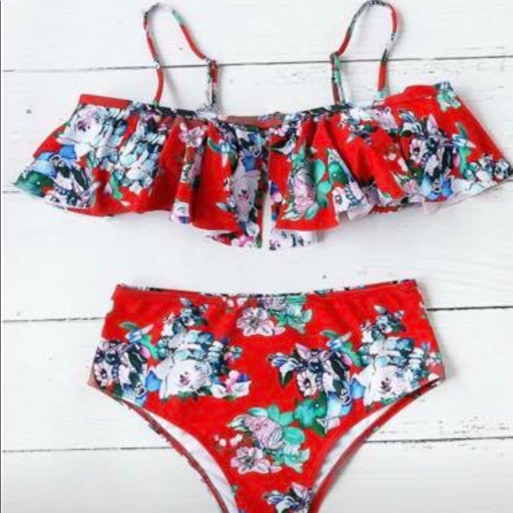Red floral high waist bikini set